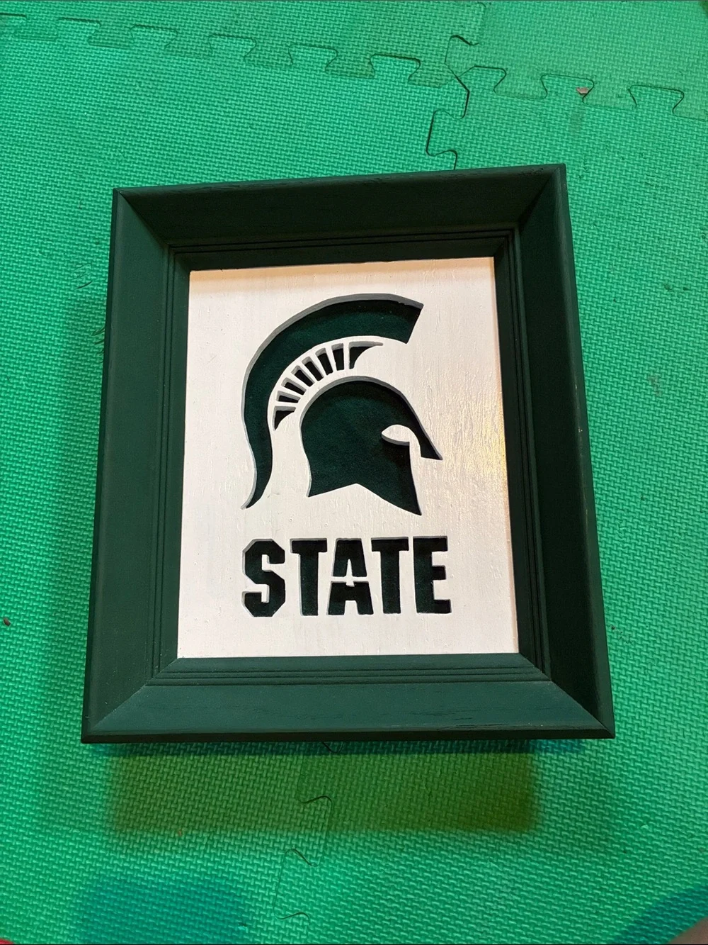 Michigan State University Spartan Helmet wood and felt Framed Wall Accent